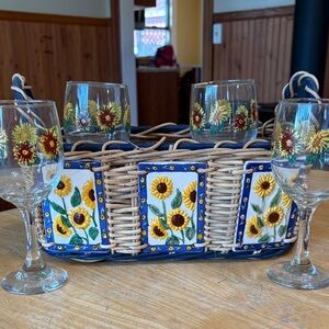 Greenbrier International Sunflower Wind Glass Set with Wicker Holder